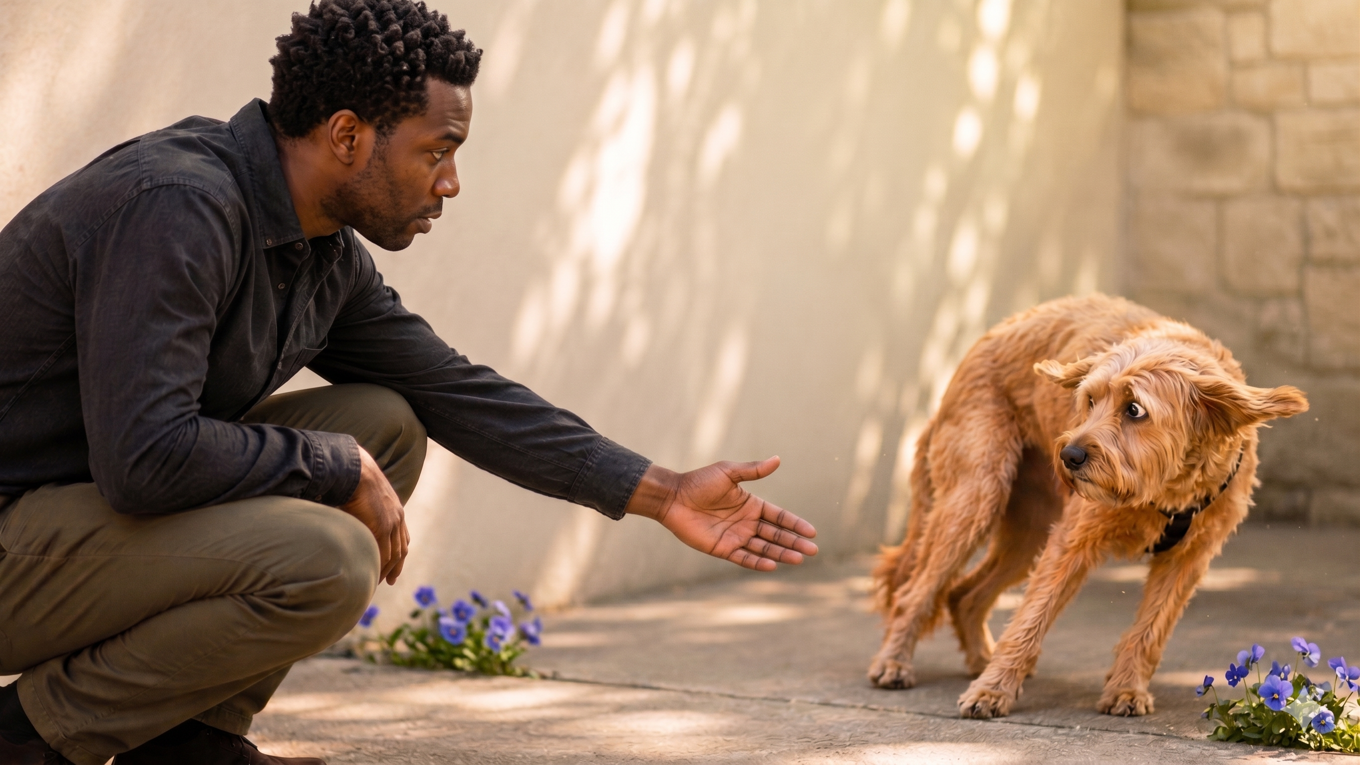 Dog backing away from a man reaching out