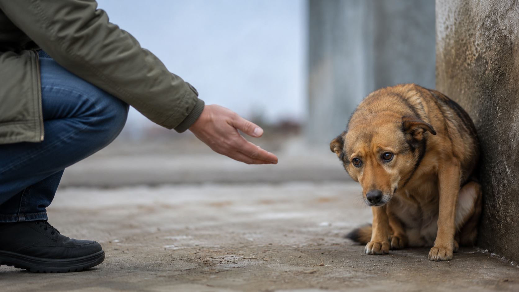 Fearful dog leaning away while a person reaches toward it