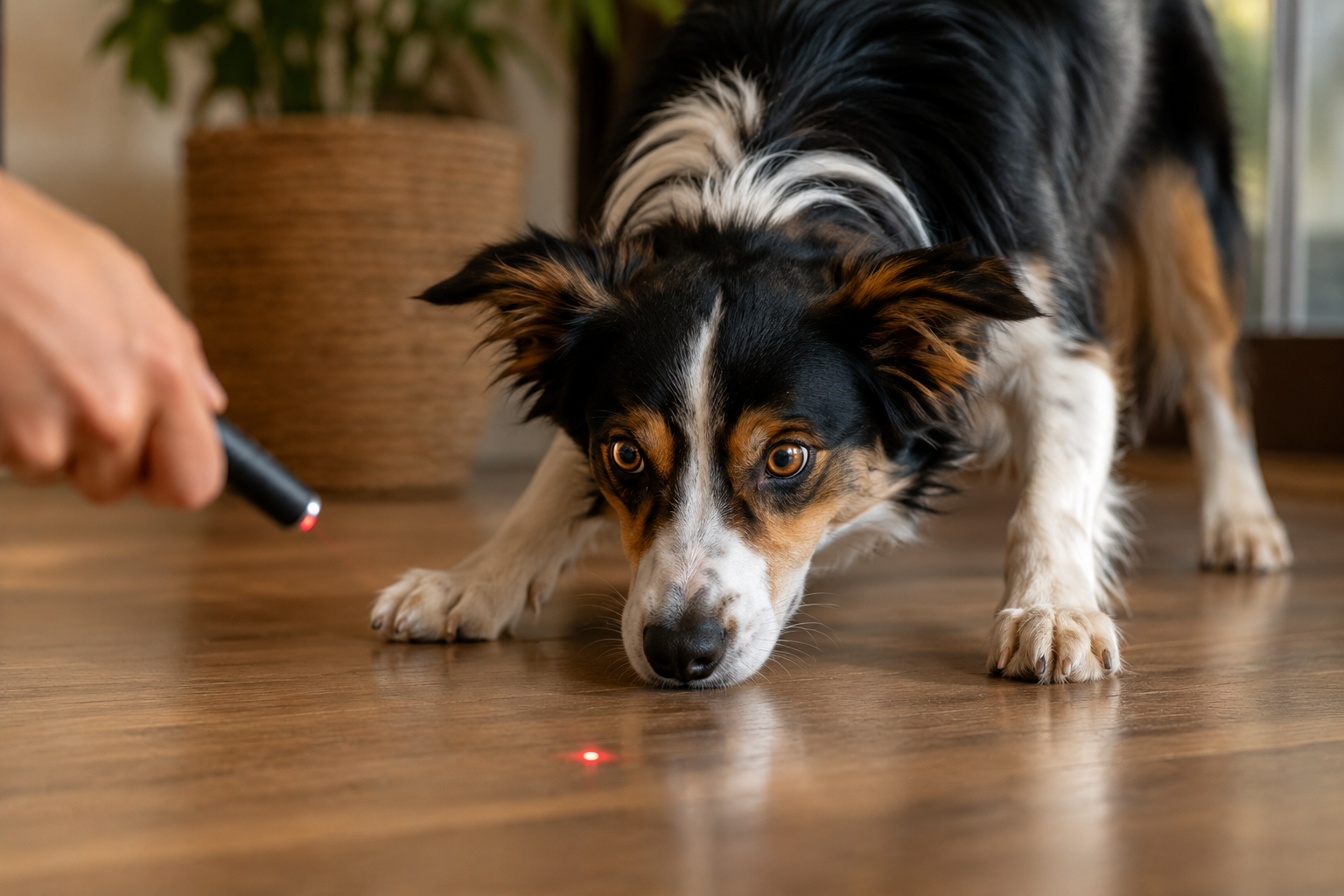 Dog fixated on a red laser pointer dot