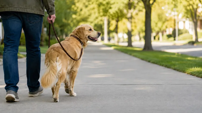 A golden retriever walking calmly beside a person on a tree-lined sidewalk, leash held loose